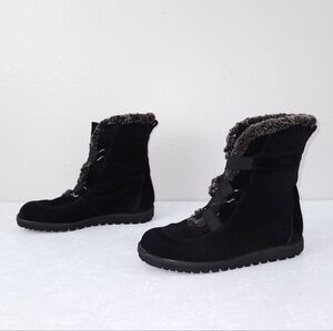 Stuart Weitzman Black Suede Shearling Faux Fur Lined Lug Sole Ankle Boots US 6.5